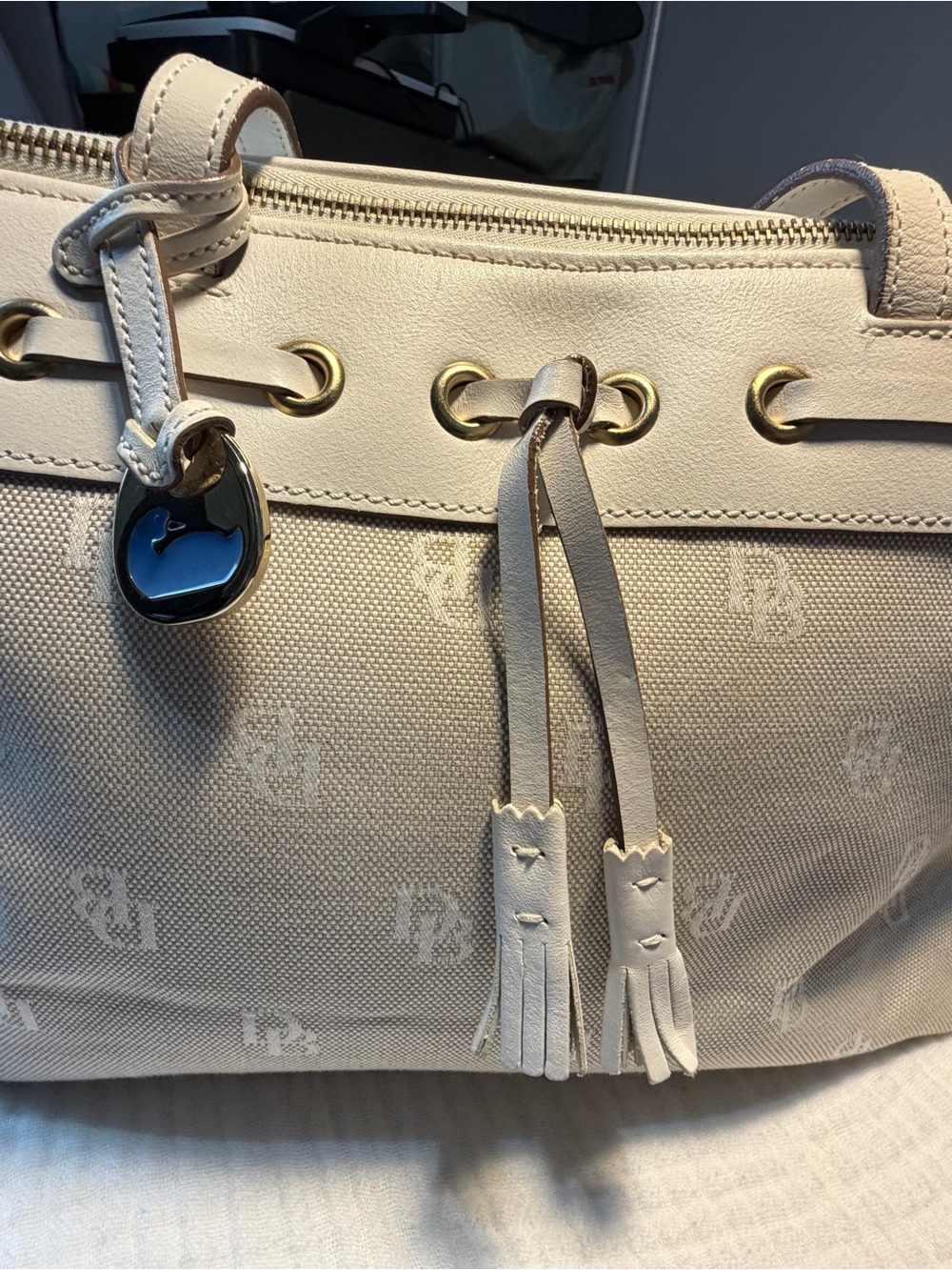 Dooney and Bourke Signature DB Monogram Canvas Tassel Satchel Tote Bag - Cream